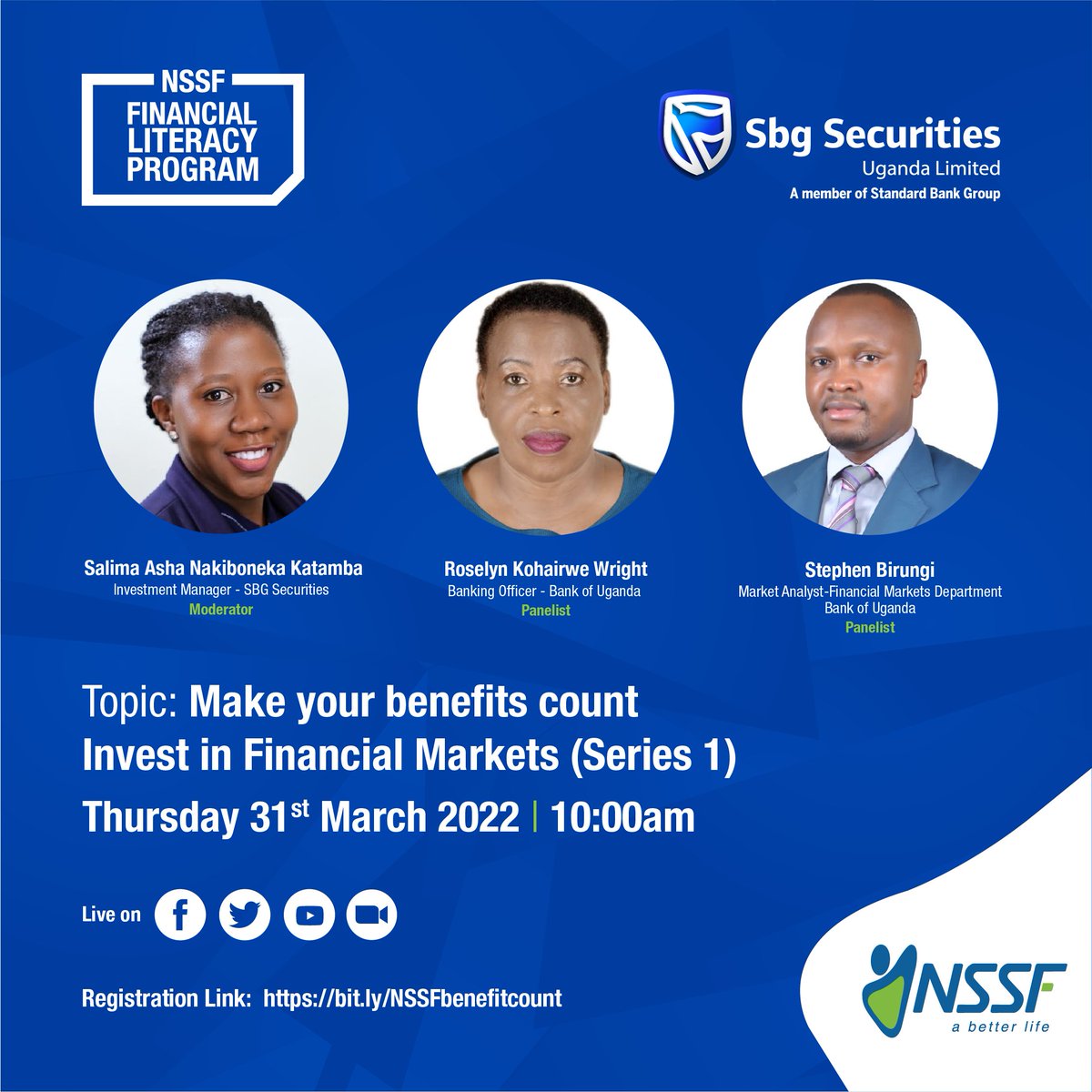 stanbicug's tweet photo. Do you want to know how to invest in financial markets? Join the @nssfug Financial literacy session in partnership with #SBGSecurities and @BOU_Official Live on our Youtube channel: https://t.co/B1WSDMVQko
Click here to register: https://t.co/GyRa0Nso9c https://t.co/fw0o8CGy4o