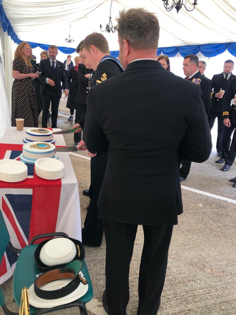HmsSabre's tweet photo. A bittersweet afternoon as HM Ships Scimitar and Sabre lower the White Ensign for the last time.  Team Sabre were proud to have family, friends and former Ship's Company amongst those joining us. @CDRETNEILD @CdrJamieWells @HmsScimitar https://t.co/Oa3qjyZVgf
