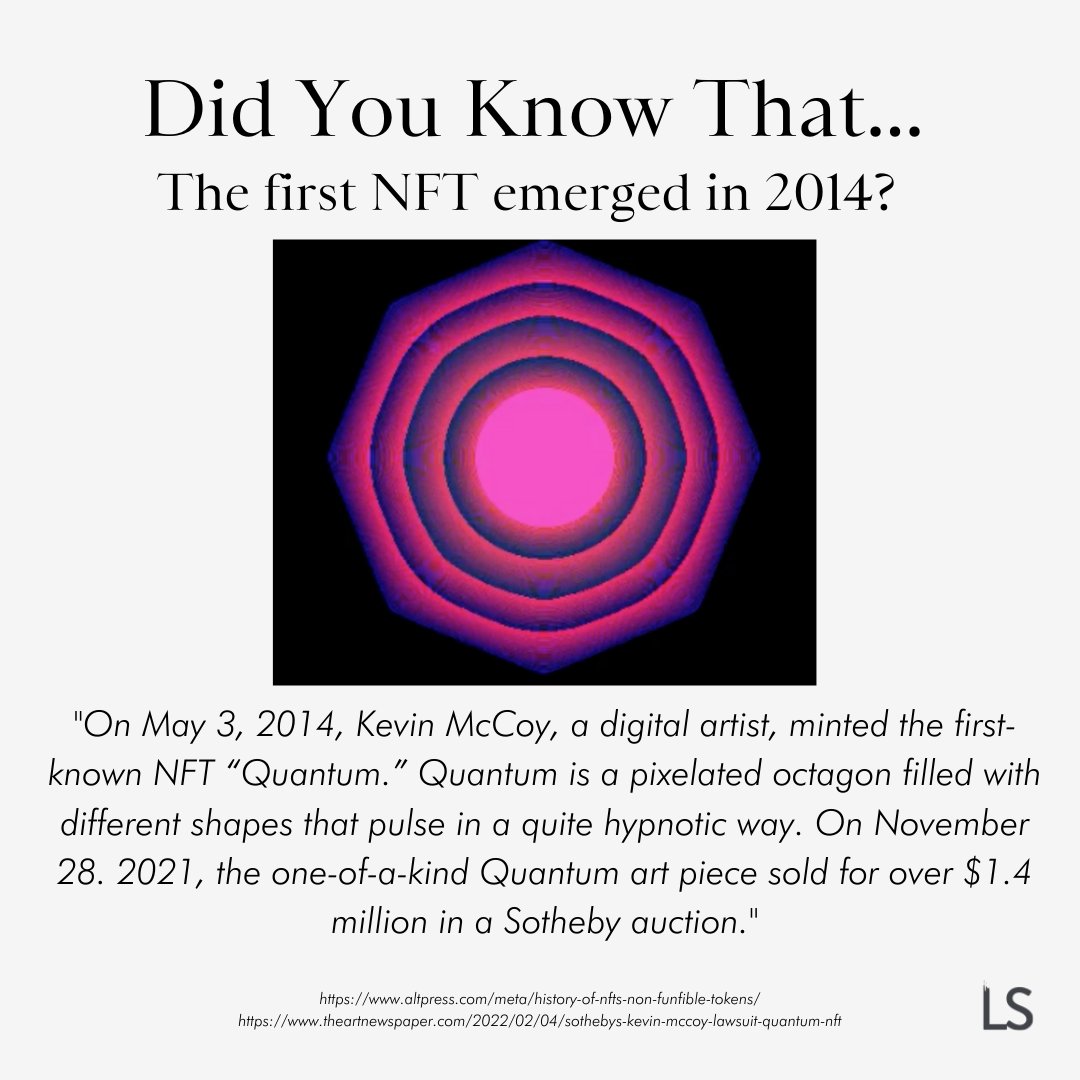ls_digitalart's tweet photo. ✨DID YOU KNOW✨

Did you know that the first NFT actually emerged in 2014? That's right, Kevin McCoy minted the first NFT known as, "Quantum".
•
•
•
#lsdigitalart #digitalart  #digital #art #nft #nfts #nftart #artforsale https://t.co/i5kwzOeJYZ