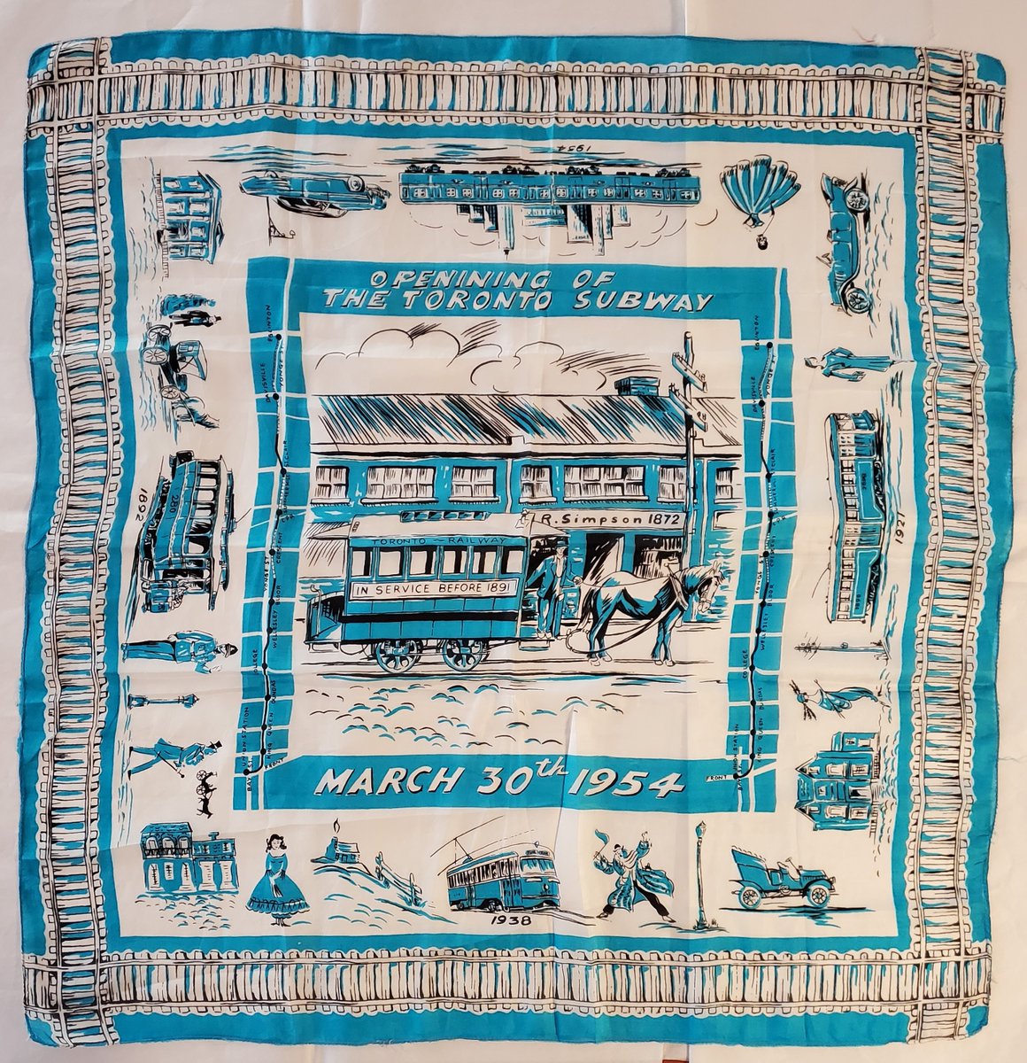 TorontoArchives's tweet photo. To commemorate the opening of the Yonge Street subway on March 30, 1954 the Robert Simpson Company created a souvenir scarf! Zoom in on all the wonderful details. #TTC #TorontoArchives #100YearsofTTC #TorontoHistory  https://t.co/GHKzx3minr https://t.co/NM7HeIYCbA