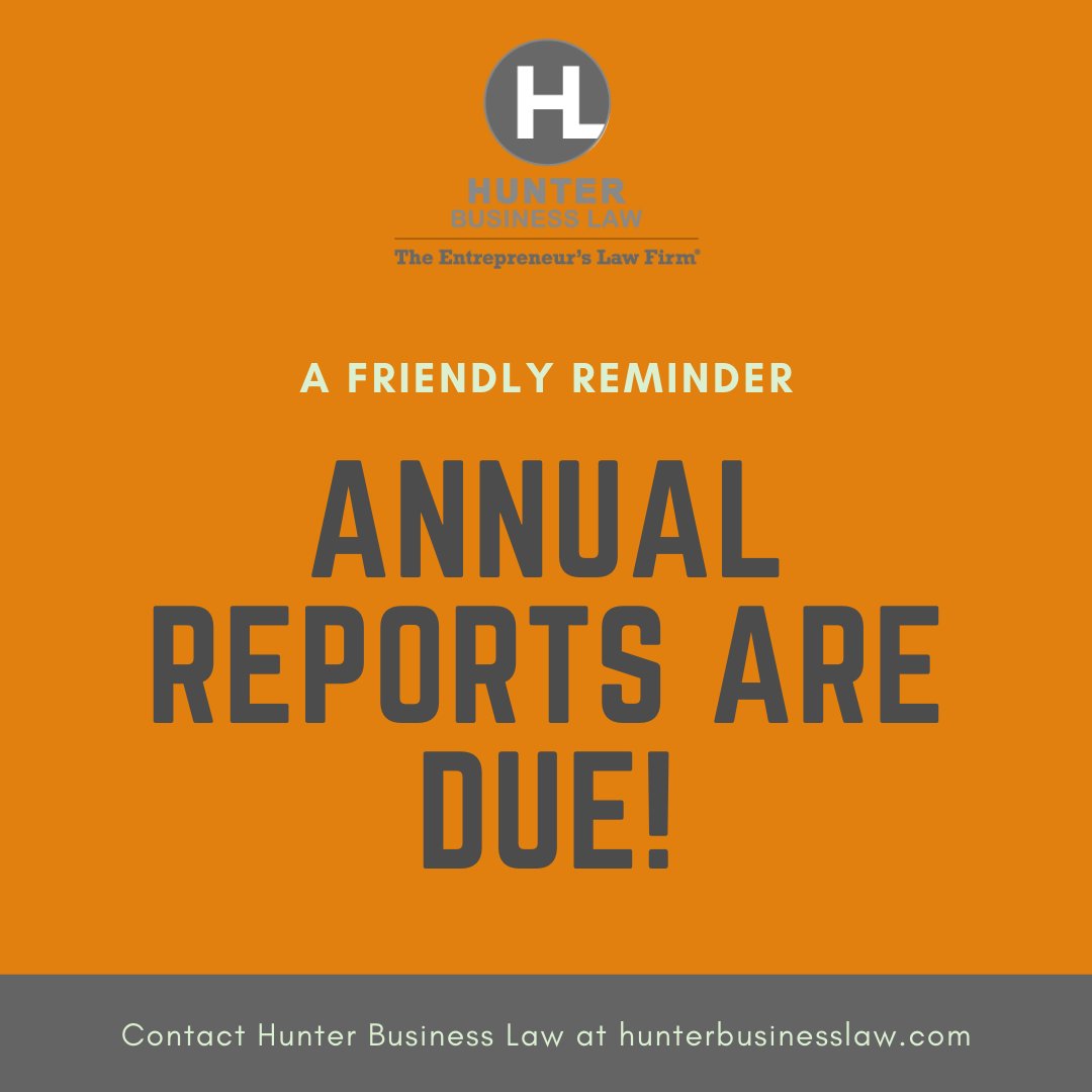 hunterblaw's tweet photo. Annual Reports are Due May 1st, 2022! Failure to do so will result in a late fee and the potential dissolution of your entity. Contact us for support at annualreports@hunterbusinesslaw.com.  

#annualreports #may1st #hunterbusinesslaw https://t.co/teBevX9ct9