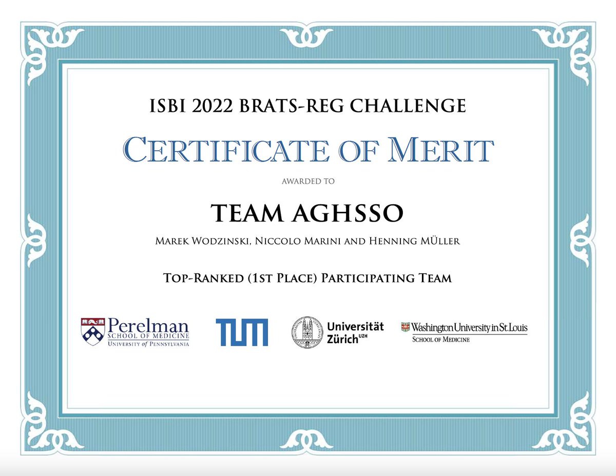 Congratulations to Marek Wodziński <a href="/Marek90862182/">Marek</a>, Niccolò Marini, and <a href="/henmueller1/">hen.mueller</a> who won the first edition of BRAin Tumor Sequence REGistration Challenge #BraTS challenge, hosted during the #ISBI2022 conference.

More info on the BraTS challenge: lnkd.in/dgCwvxhG