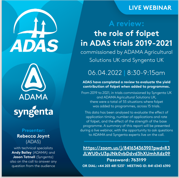 Join us for LIVE #webinar to explore results of the role of #folpet in <a href="/ADASGroup/">ADAS</a> trials for 2019-2021

🗓️April 6th 
⌚️8.30 - 9.15 am
🎙️<a href="/andybailey_/">Andy Bailey</a> &amp; Jason Tatnell <a href="/SyngentaUK/">Syngenta UK</a> will be available to answer your questions.
 
DM us for the link details