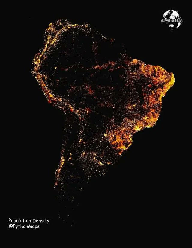 simongerman600's tweet photo. Simple but lovely population density map of South America by @phytonmaps. https://t.co/XMHi1XtjbI