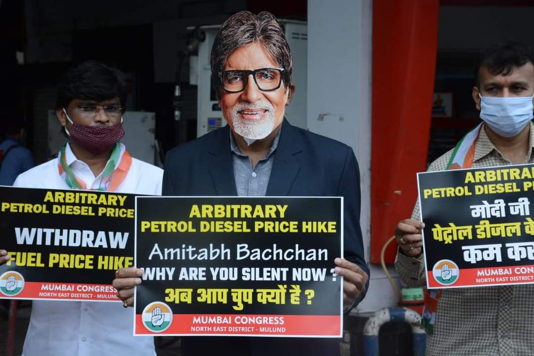 In 2021, Mumbai Congress workers wore masks of bollywood actors and Baba Ramdev to protest against the hike in Petrol prices. Can someone come up with Anchors tweets? There are many old Petrol Joke tweets by News Anchors from Godi media.