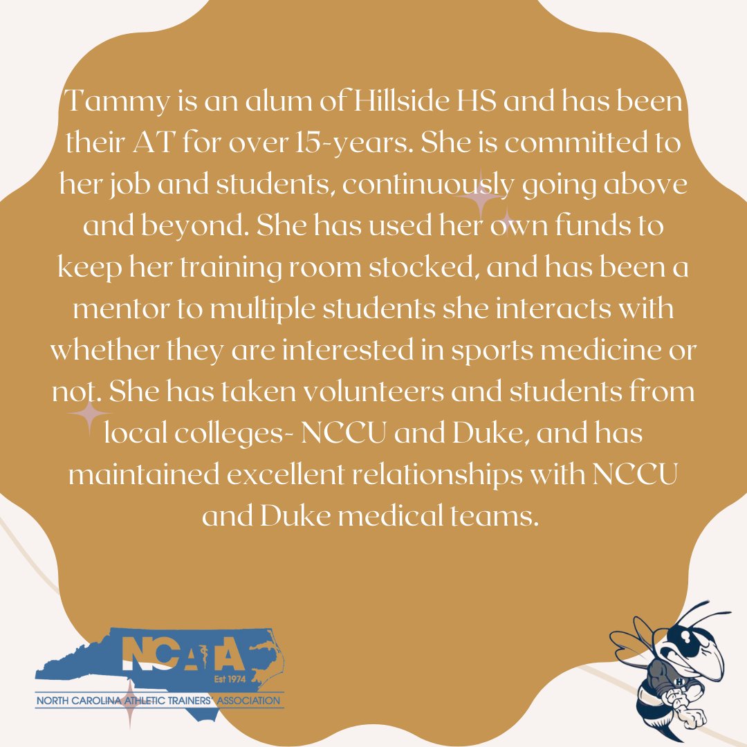 NCATA1974's tweet photo. Today's #NATM feature is Tammy Haskill of Hillside High School @hornetsad ! Tammy works at her Alma Mater and has built relationships with college programs in the area to help promote the profession.  Thank you for all you do Tammy!  #providinghealthcareeverywhere https://t.co/aPlPKXZ0HH