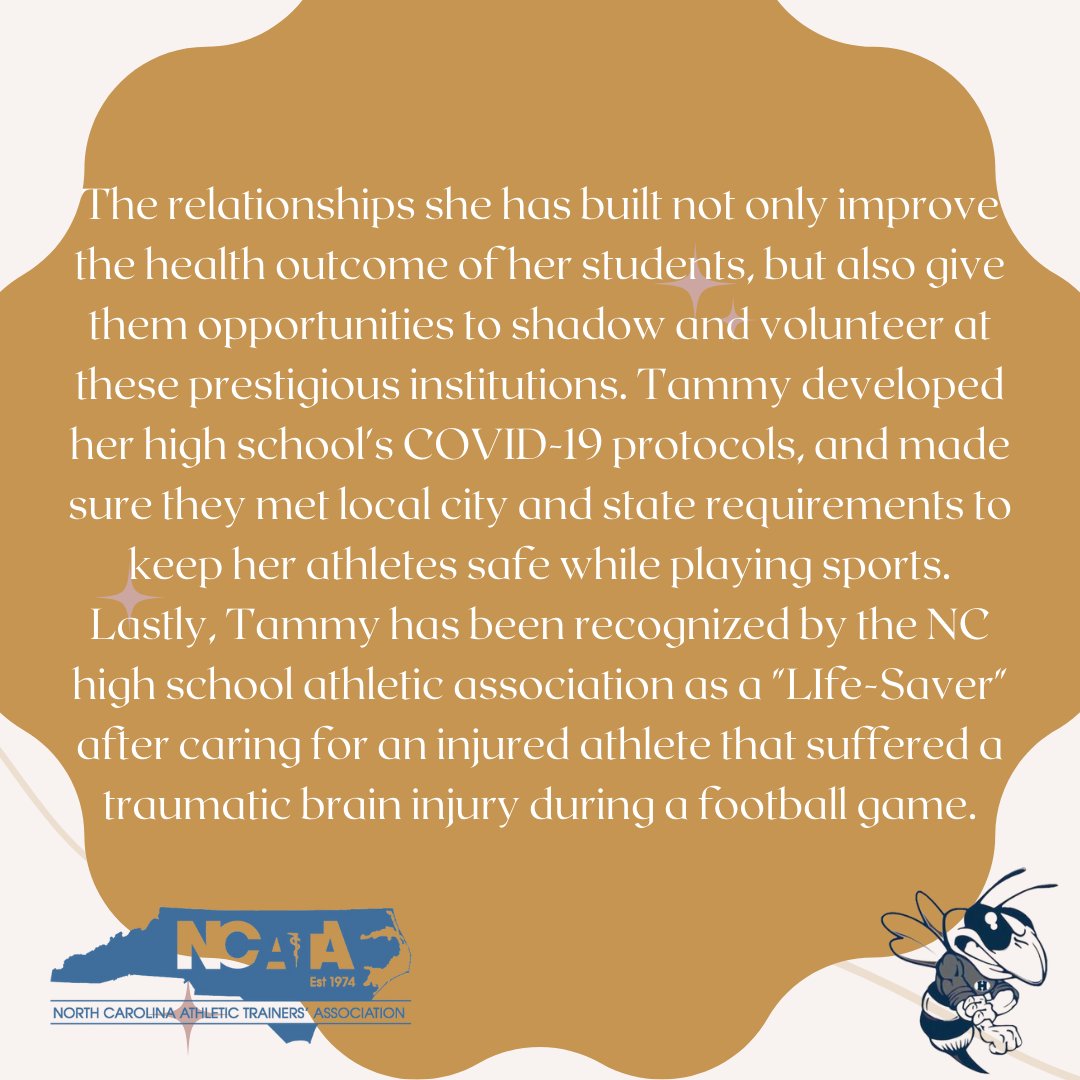 NCATA1974's tweet photo. Today's #NATM feature is Tammy Haskill of Hillside High School @hornetsad ! Tammy works at her Alma Mater and has built relationships with college programs in the area to help promote the profession.  Thank you for all you do Tammy!  #providinghealthcareeverywhere https://t.co/aPlPKXZ0HH