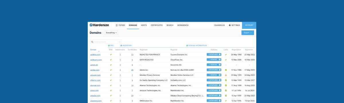 hardenize's tweet photo. 📢 Product Update 📢

We’ve added Domain Name Registration monitoring to Hardenize.

Keep track of domain name registration status, privacy settings, locks, and expiration dates across your entire inventory. 

Available now to all our customers.

https://t.co/MIAZmW6KCk https://t.co/7t2OdEakX5