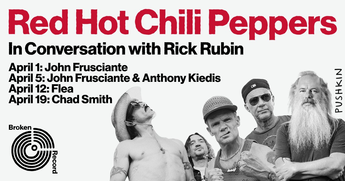 It's all <a href="/ChiliPeppers/">Red Hot Chili Peppers</a> all April long on #BrokenRecord! Don't miss <a href="/johnfrusciante/">John Frusciante</a>, Anthony Kiedis, <a href="/flea333/">Flea</a>, and <a href="/RHCPchad/">Chad Smith</a> in conversation with <a href="/RickRubin/">Rick Rubin</a> about their new album “Unlimited Love” and so much more. Listen starting 4/1: apple.co/brokenrecord