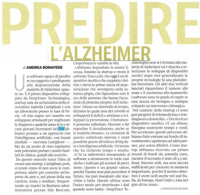 deeptracetech's tweet photo. This week we are in the news!
[1/3] Thanks to @Corriere for talking about our #AI #tech #TRACE4AD for #predicting the #risk of #Alzheimer's Disease #dementia https://t.co/d34dBSIF1h