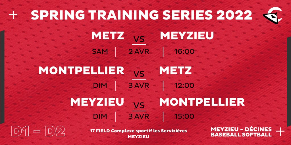 ⚾️ Spring Training Series Division 1 &amp; 2

📆 Samedi 2 Avril
🆚 Metz (Division 1) vs MDBS Cards
⏰ playball 16h
📆 Dimanche 3 Avril
🆚 Montpellier (D1) vs Metz (D1)
⏰ playball 12h
🆚 MDBS Cards vs Montpellier (D2)
⏰ playball 15h