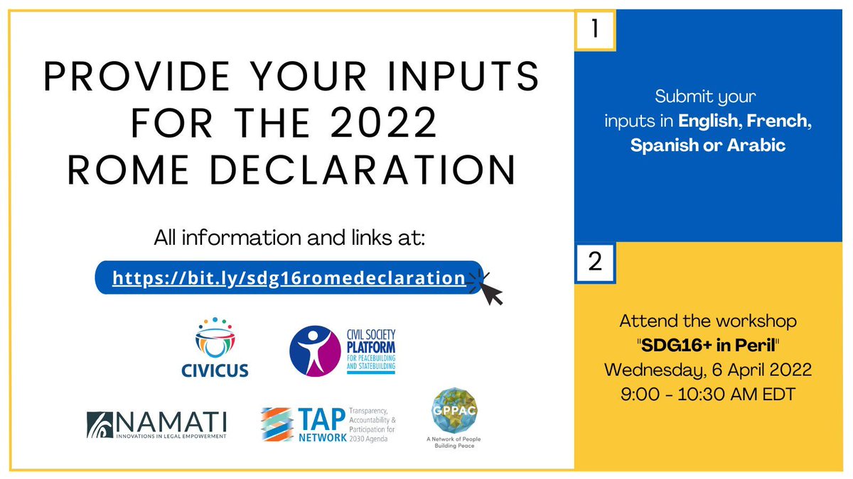#CivilSociety Consultation on 2022 Rome Declaration:

🗣️Great opportunity for #NGOs to provide valuable inputs and share their reflections on #SDG16+!
📩Complete the #survey to support more peaceful, just and inclusive societies! 
HERE➡️surveymonkey.com/r/Y68FNCB