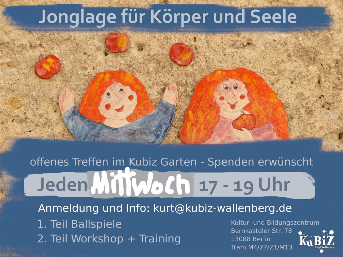 Jonglage im KuBiZ Garten!
Ab 10 Jahre. 
Vorkenntnisse sind nicht erforderlich, aber Lust am Gemeinsamen Spiel.
Ab den 6. 5.  immer Mittwochs ab 17.00 Uhr. 
Anmeldung und Infos: kurt@kubiz-wallenberg.de 

#jonglage
#zeitimgarten
#körperundseele