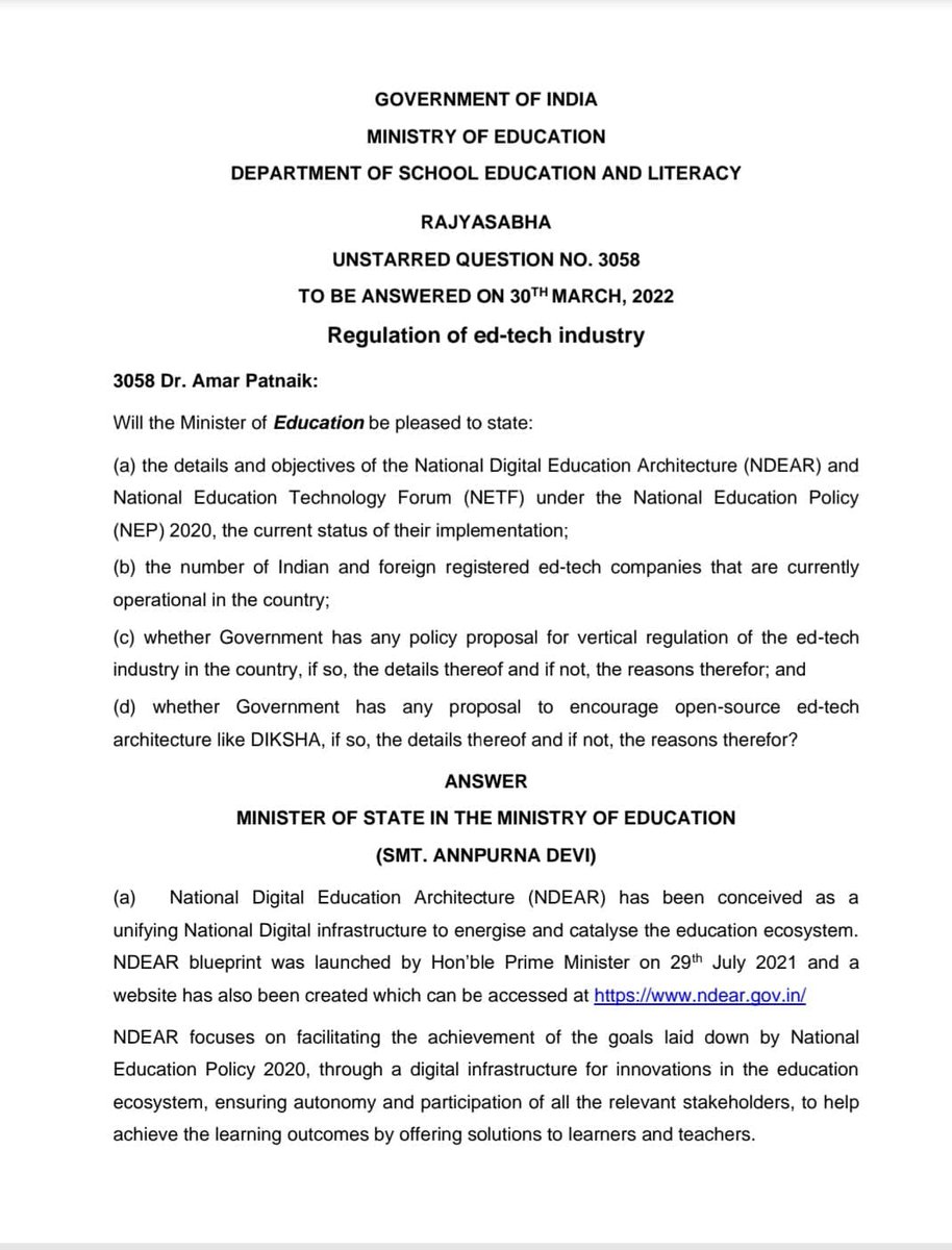 Amar4Odisha's tweet photo. My question in @RajyaSabha on Regulation of #edtech industry and Response from Hon’ble Minister of State ,Shrimati @Annapurna4BJP in Ministry of Education, @EduMinOfIndia
#edtech_industry #NDEAR #NETF #NEP_2020   #VoiceofOdisha @bjd_odisha https://t.co/t06Pe4wzBT
