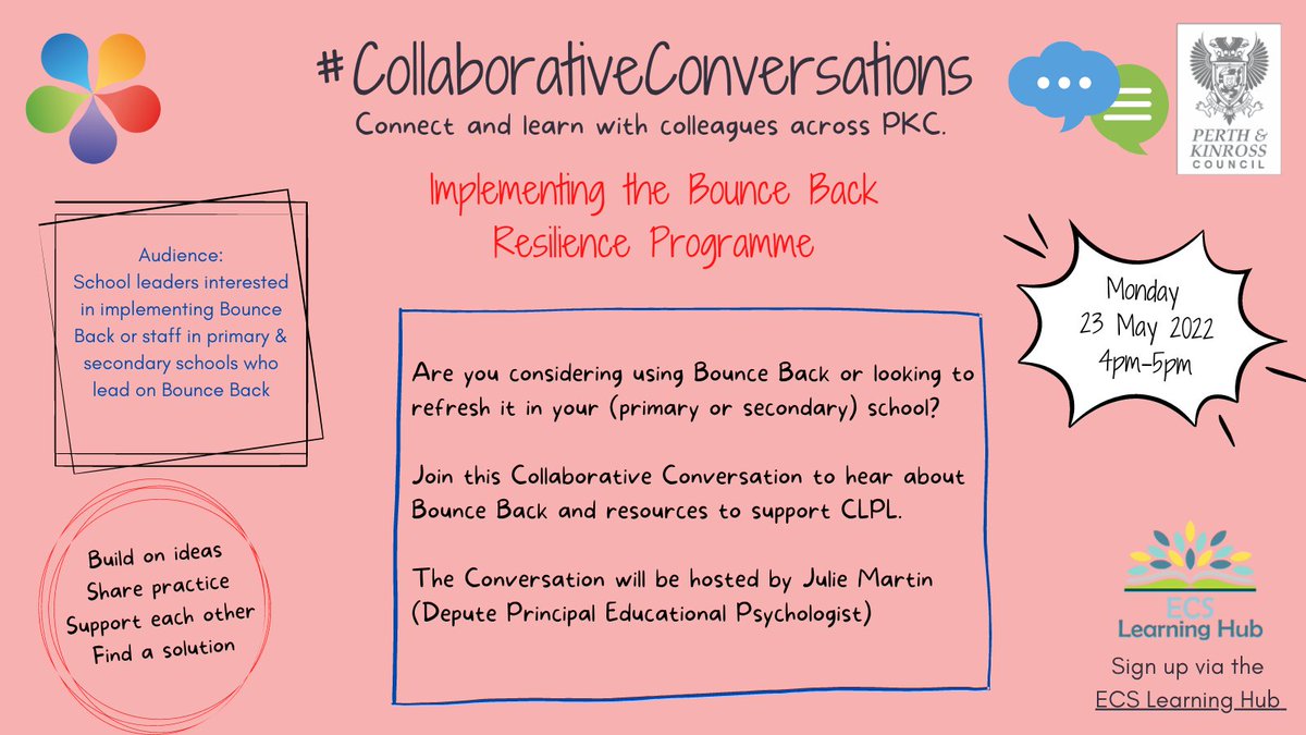 PKCTeach's tweet photo. ๐ขLooking to implement or refresh Bounce Back? Join the #CollaborativeConversation with @juliemartin2021 Mon 23 May, 4-5pm Find out more and signup via the ECS Learning Hub https://t.co/drHtOeYRCs https://t.co/C0DIVDe97l