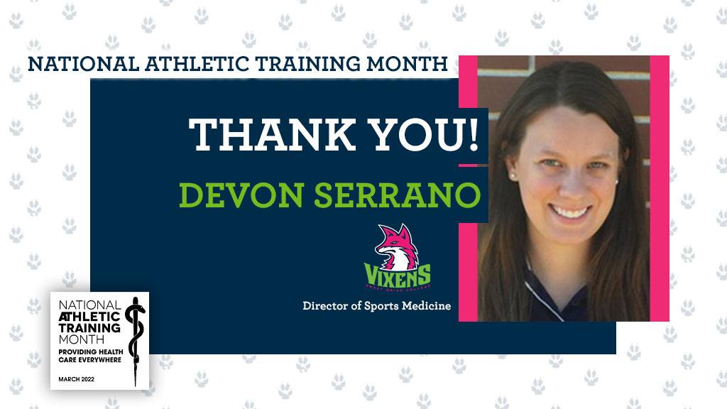 SBCvixens's tweet image. March is a month full of celebrations - including National Athletic Training Month!

We&apos;d like to extend a HUGE thank you to Devon Serrano, our Director of Sports Medicine, for always working hard to keep everyone healthy and ready to compete!

#vixenFIERCE 🦊 | #NATM2022