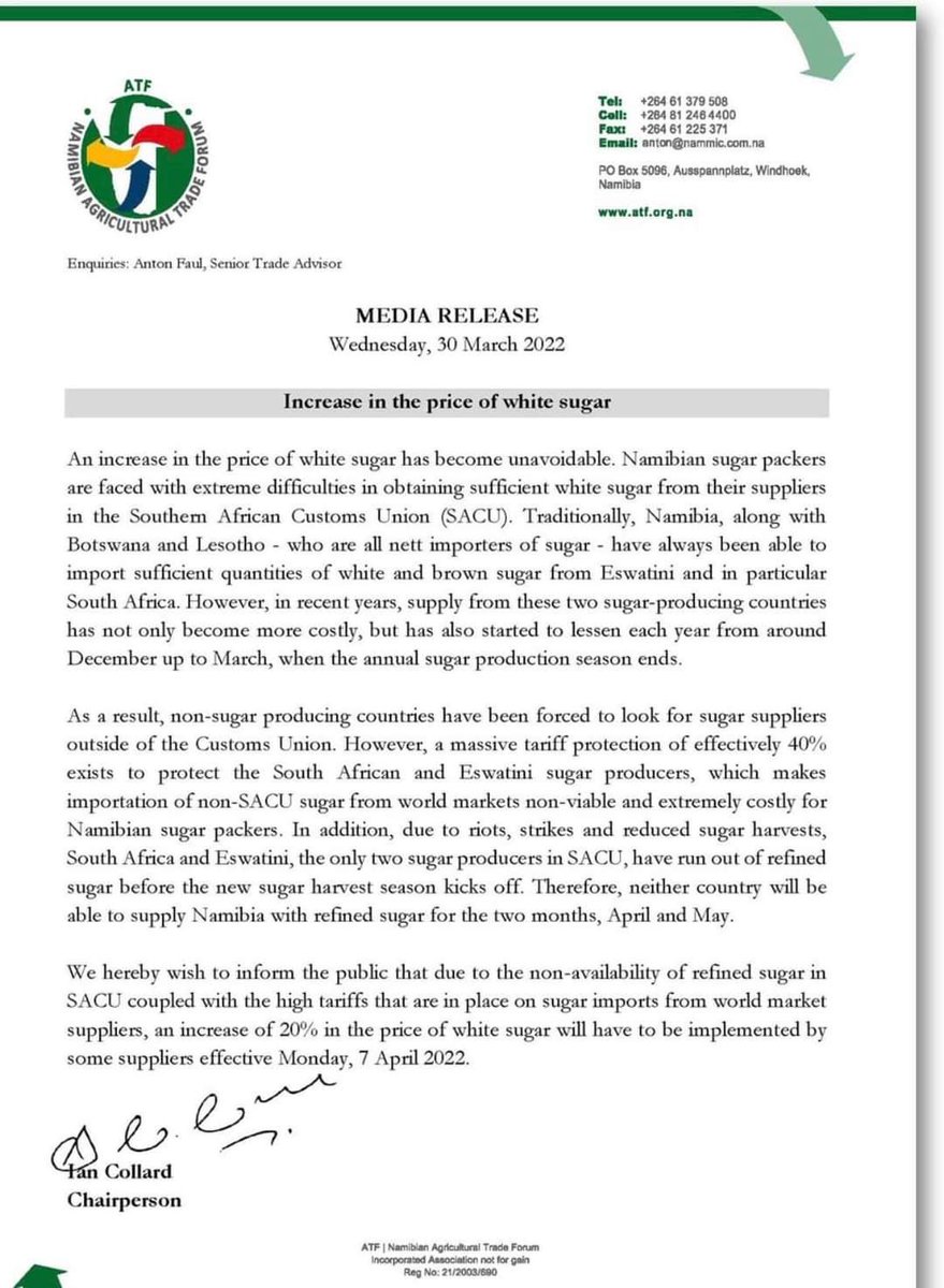 ATFNamibia's tweet photo. White Sugar price expected to increase by 20% from 7 April 2022 https://t.co/5L1oYawFGE