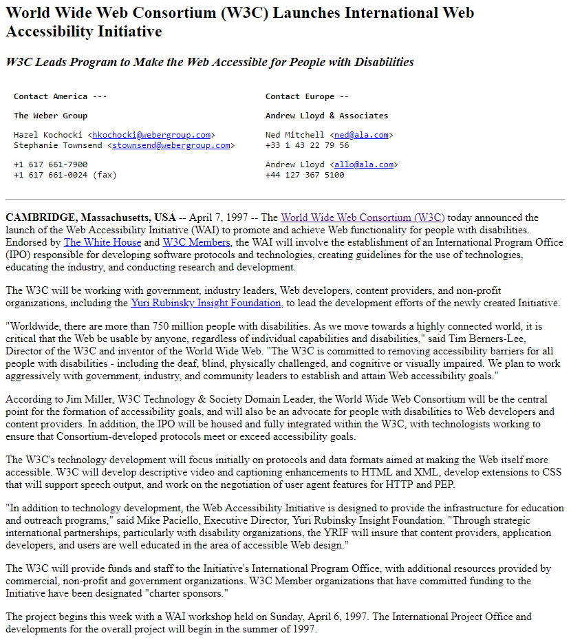 WebDesignMuseum's tweet photo. Happy 25th Birthday Web Accessibility Initiative (WAI)! 

On April 7, 1997, as part of the W3C consortium, the WAI officially launched its activity. 

https://t.co/OOlkBt8ifZ

#InternetHistory https://t.co/VrlMRZsK9l