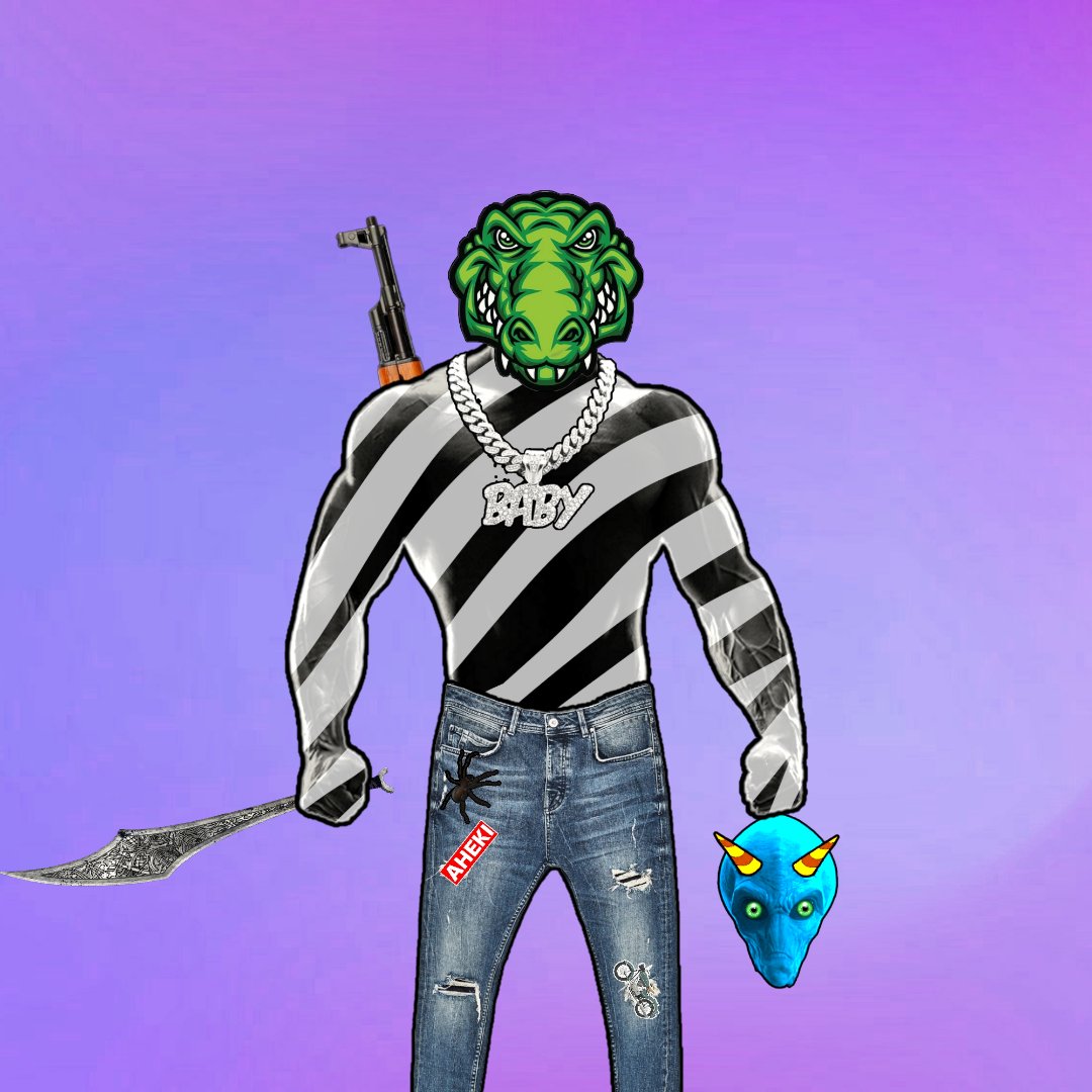 TeamAheki's tweet photo. NFT of the day..!
      Gatorb

Minting is live on LaunchMyNFT

Properties:-
Background: Aheki Violet
In Hand: Chingzi Sword
Back Weapon: AK47 Right Side
Preditor's Head: Dairon Head
Skin: Zebra Stripes 
Accessories: Baby Chain
Character: Gatorb
Jeans: spider
#NFT #NFTartwork https://t.co/Yxciwomn56