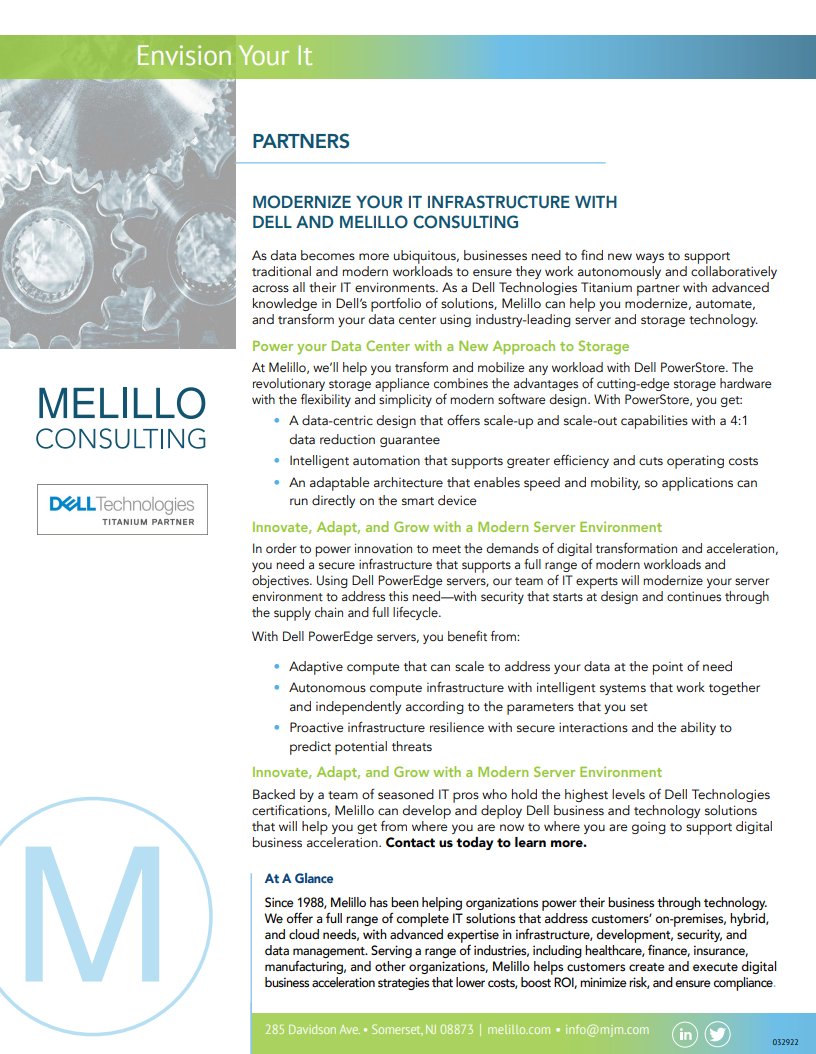 MelilloConsult's tweet photo. Looking to modernize your IT infrastructure, but not sure where to start? We have partnered w/ @Dell to offer a leading #storage solution w/ @Dell PowerStore. Reach out to learn more and assess w/ our IT experts if PowerStore is the right fit for your #datacenter.

@DellChannel https://t.co/XrifpV7JEI