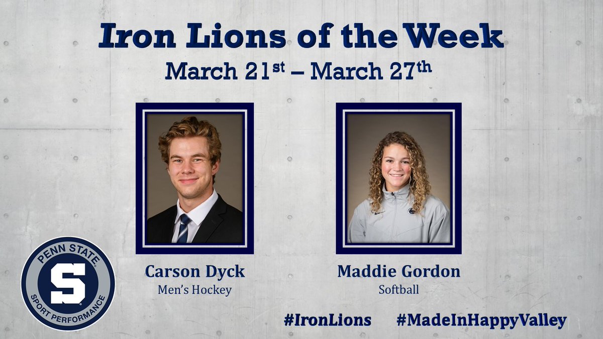 PSUPerformance's tweet photo. Congratulations to our #IronLions of the Week! Carson Dyck from @PennStateMHKY and Maddie Gordon from @PennStateSB Keep up the great work! #MadeInHappyValley https://t.co/pReFES2whw