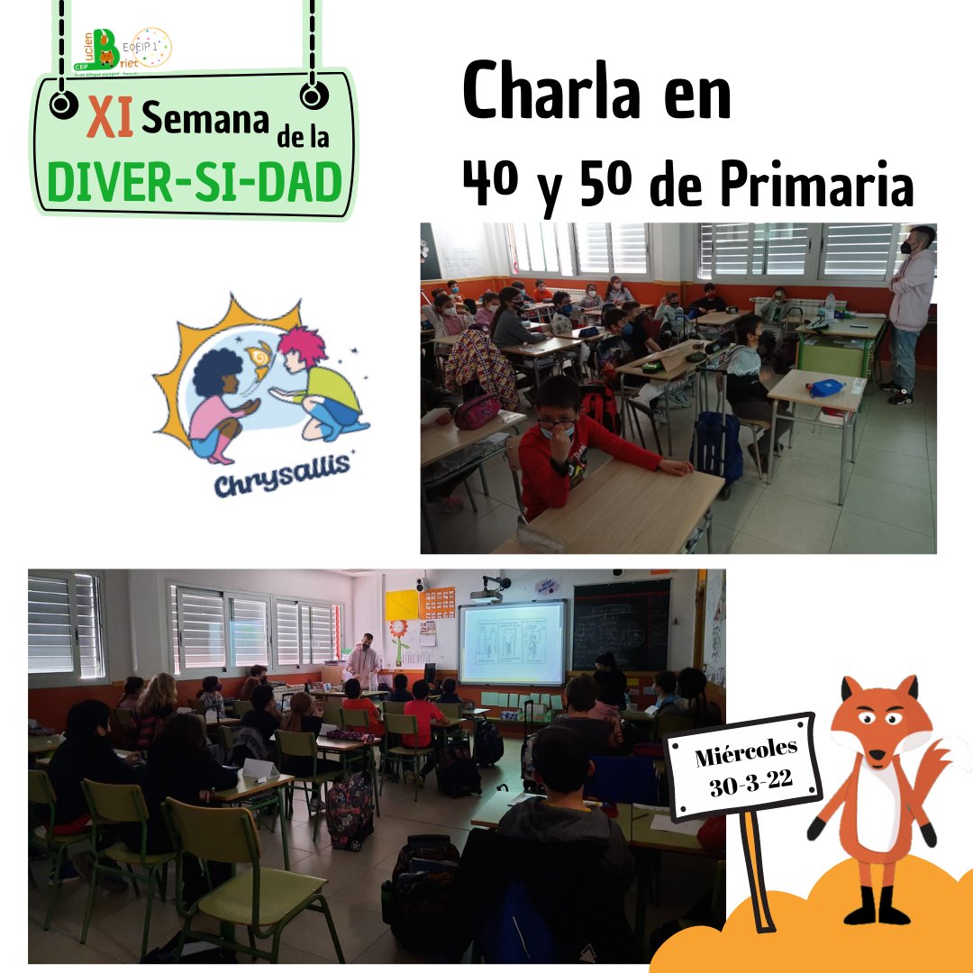 ceiplucienbriet's tweet photo. Continúa la IX Semana de la Diversidad en el @ceiplucienbriet. Hoy con la colaboración de @FundacionDfa y @Chrysallis. Muchas gracias por vuestra participación. https://t.co/Ey5vz5eUgg