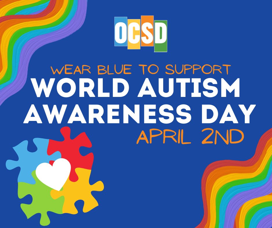 OCSD1's tweet photo. Today is World Autism Awareness Day! Wear blue to show your support in creating a world where all people with autism can reach their full potential!
#worldautismday #NextGenOCSD https://t.co/rw5x41Idia