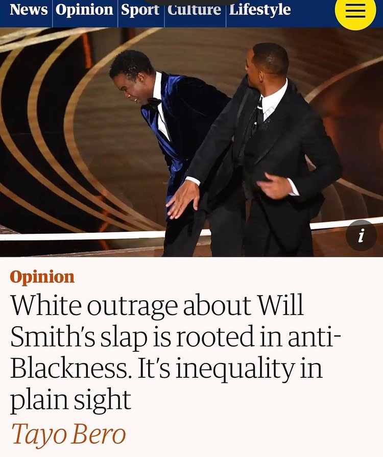 Fuck me. So If you’re white and you think Will Smith is a cock for punching someone then you’re anti black. 
Fuck off the Guardian, you socially-regressive, race-baiting rag.