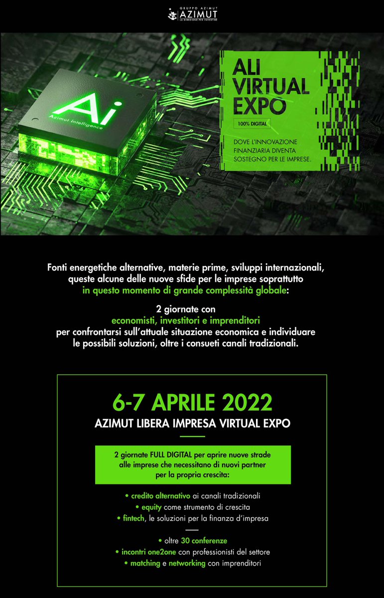 📅Il 6 e 7 aprile 2022 si svolgerà Ali Virtual Expo, l’evento digitale di Azimut Italia dedicato a tutte le PMI italiane a cui Asseprim ha aderito come supporter dell’iniziativa.
Per maggiori info e iscrizioni: bit.ly/3tSXKj6
