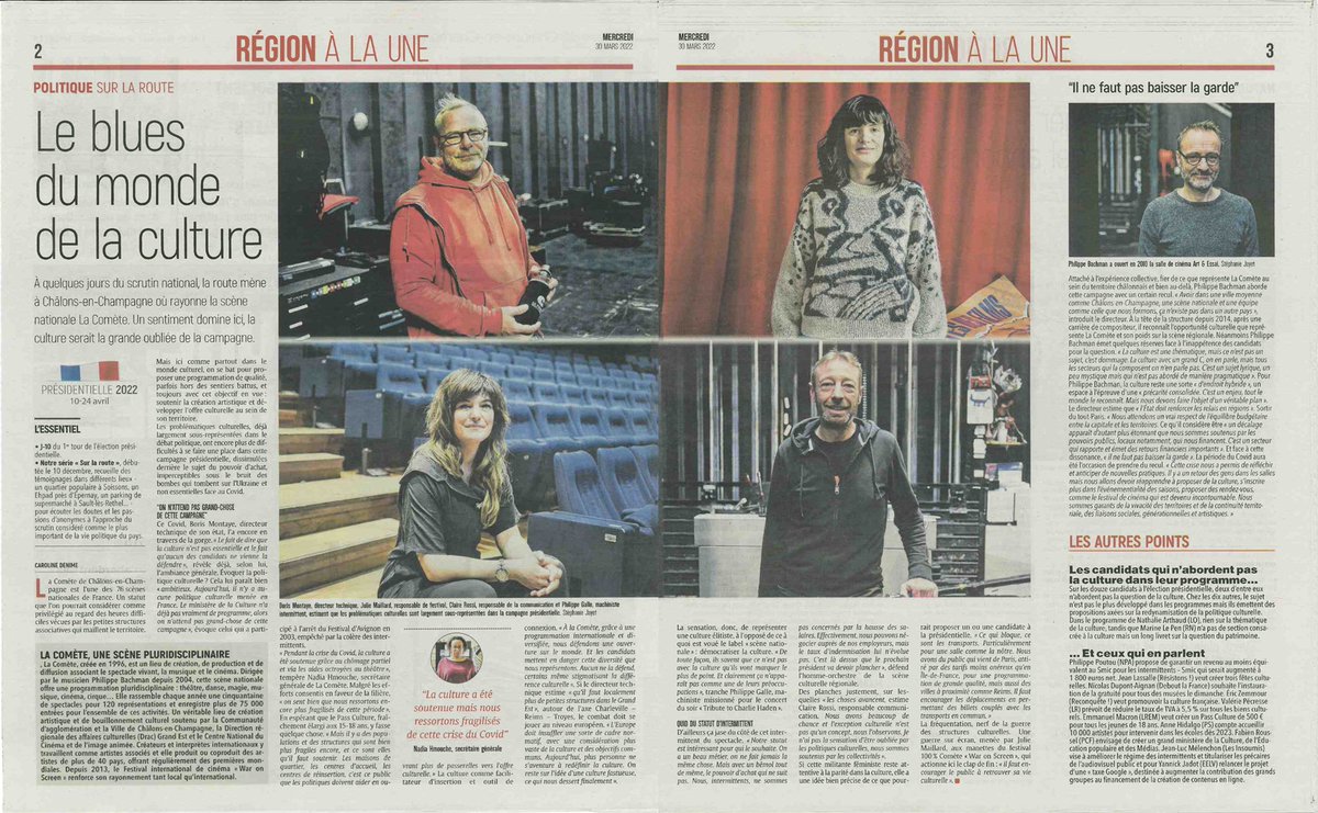 [presse] « Il ne faut pas baisser la garde » P. Bachman, directeur de La Comète.
La route du journal L'Union l'a mené à La Comète. Un sentiment domine ici, la culture serait la grande oubliée de la campagne.
#présidentielle2022
bit.ly/3uHfyNC
<a href="/Asso_des_SN/">Association des scènes nationales</a>