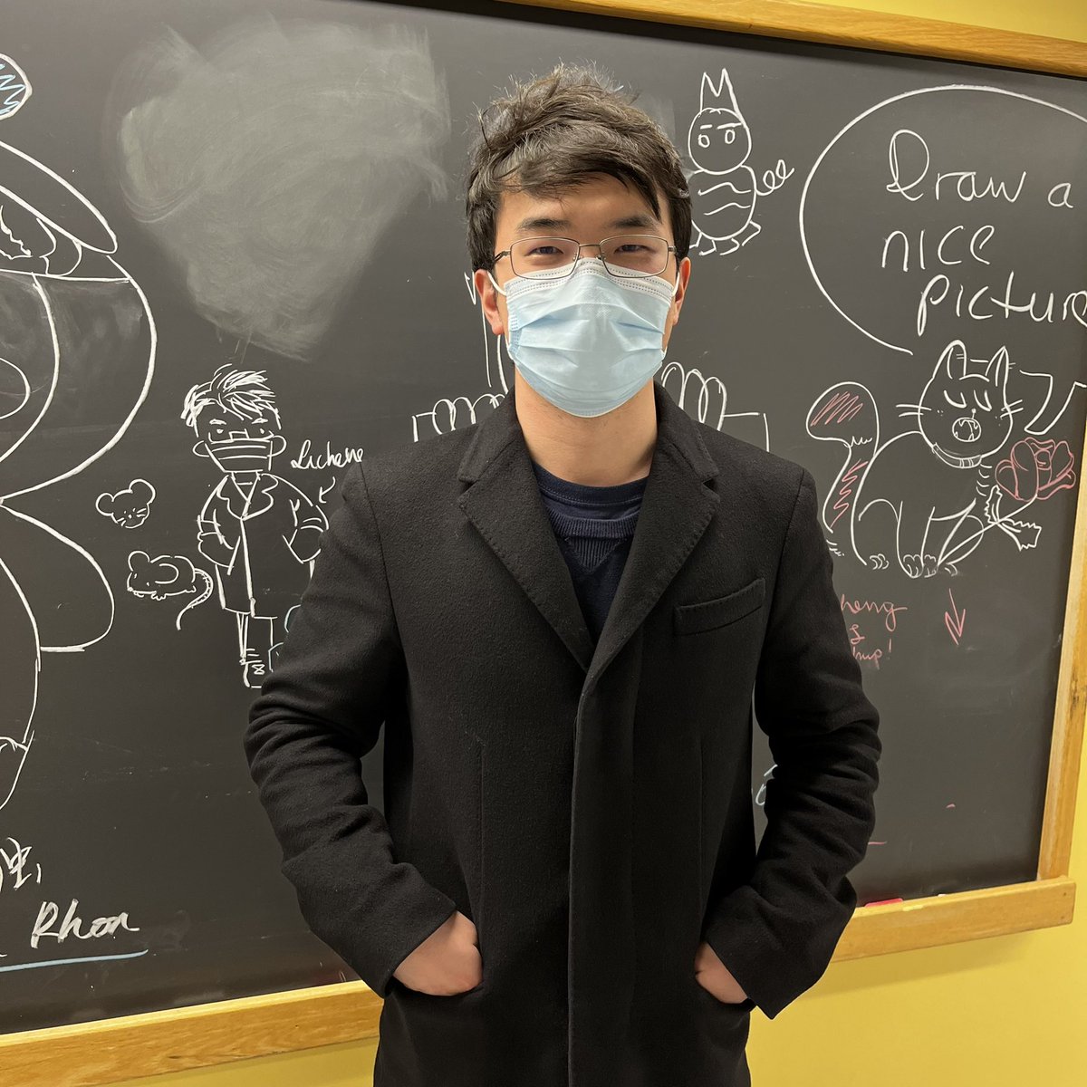 The chalkboard outside of the Park group had a new drawing today. I had to pose <a href="/LichengWang4/">Licheng Wang</a> in front of it. A little chalk always brightens our day! #AcademicTwitter #PhDChat