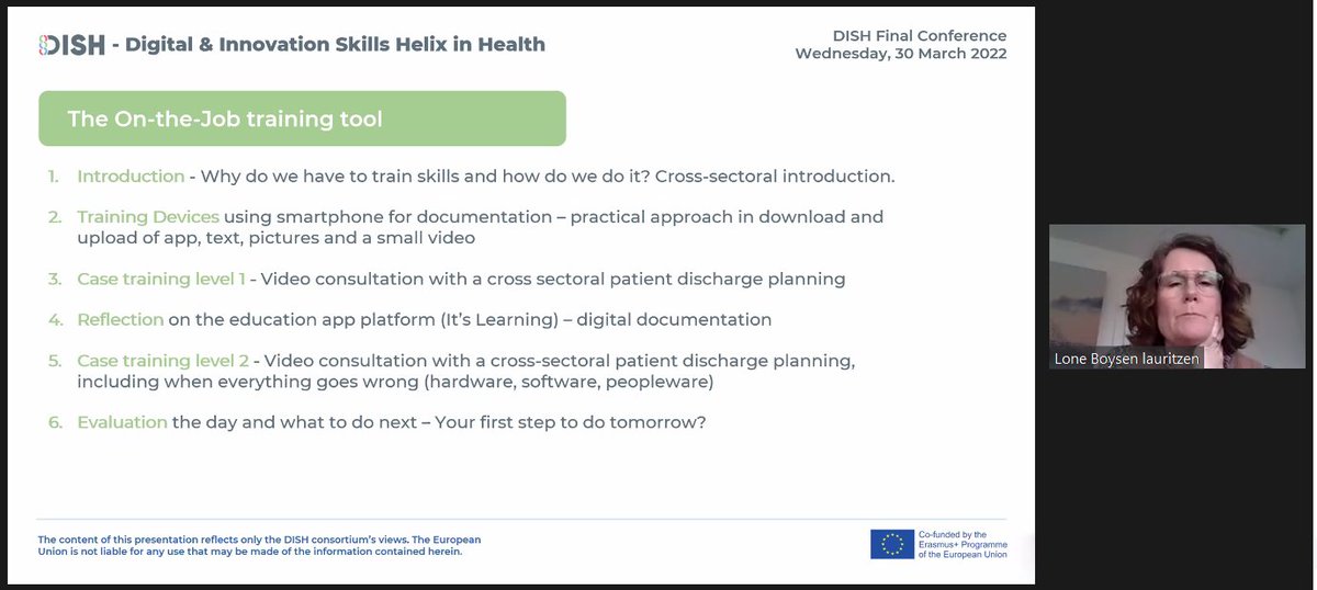 dish_project's tweet photo. Ms Lone Boysen Lauritzen from Sygehus Sønderjylland is currently presenting 🎙️ an overview of the on-the-job training tool ⤵️
Live from the Final Conference of the #DISHproject
#DigitalSkills #innovation #healthcare #DigitalTransformation https://t.co/wKfosb3iMp