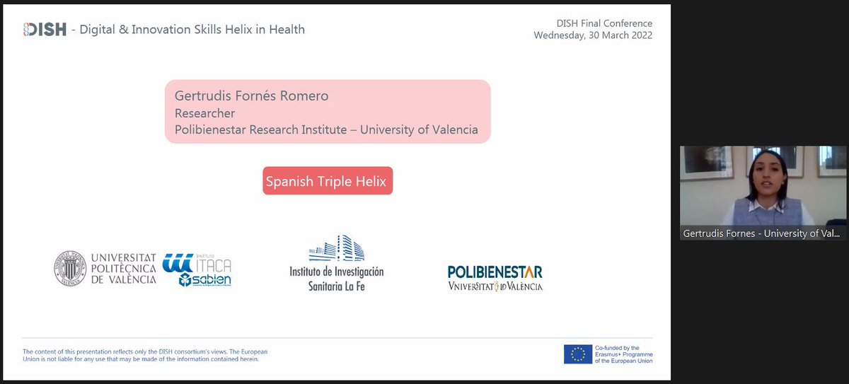 dish_project's tweet photo. We're joined by Dr Gertrudis Fornés Romero, Senior Research Technician at @UV_EG, who will be speaking about the DISH assessment tool.
Live from the #DISHproject Final Conference 📸
#DigitalTransformation #DigitalSkills #healthcare https://t.co/xV4Kqxz7s1