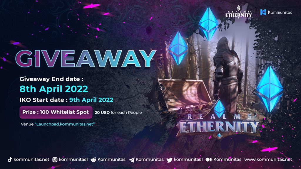 Hi, $KOMmunity!

💎 We want to share 100 whitelist spots for the @realmsofeth spot, you will be able to participate in the Realms of Ethernity Private Sale.

If you won a whitelist spot, you will be able to participate in the Private Sale.

➡️ Enter here giv.gg/roewl