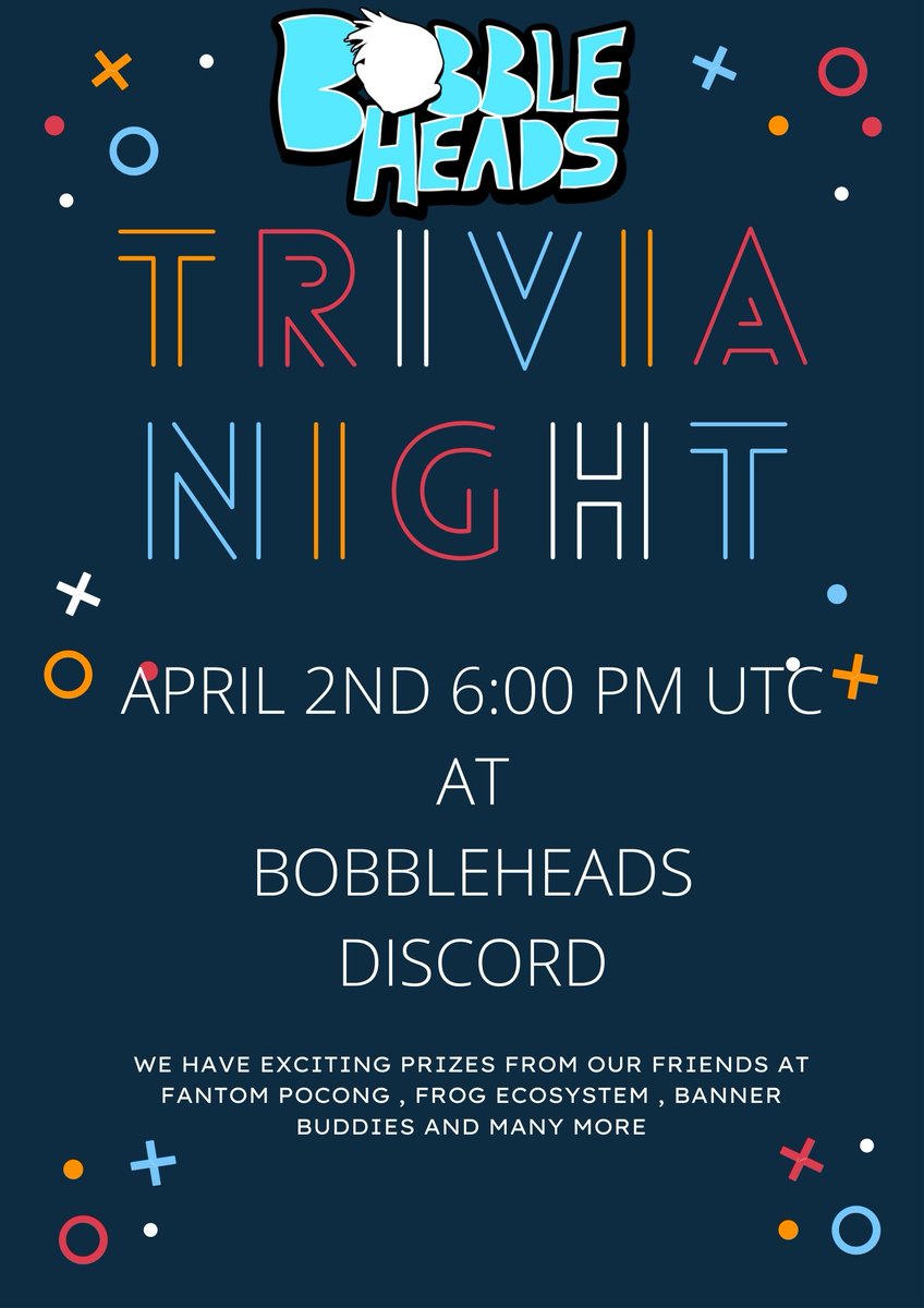 Excited to announce we will be coducting Trivia Night on April 2nd 6:00 pm UTC . We have wonderful projects joining us this week and will be giving away a lot of prizes🏆 . Don't miss this anon!!

discord.gg/WZhjgqBSyY