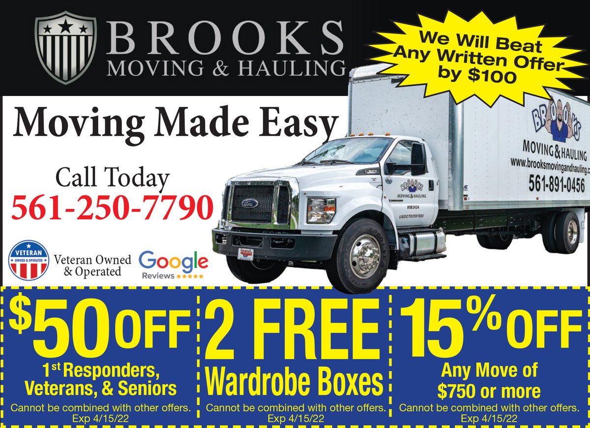 MyLivingMedia's tweet image. Make moving easy by calling Brooks Moving for 15% OFF ANY MOVE* 📦

#ProfessionalMovers #ProfessionalHauling #ProfessionalMoving #Free #FirstResponderDiscount #VeteranDiscount #SeniorDiscount #Coupons #VeteranOwnedBusiness #PalmBeachCounty #SouthFlorida #TreasureCoast