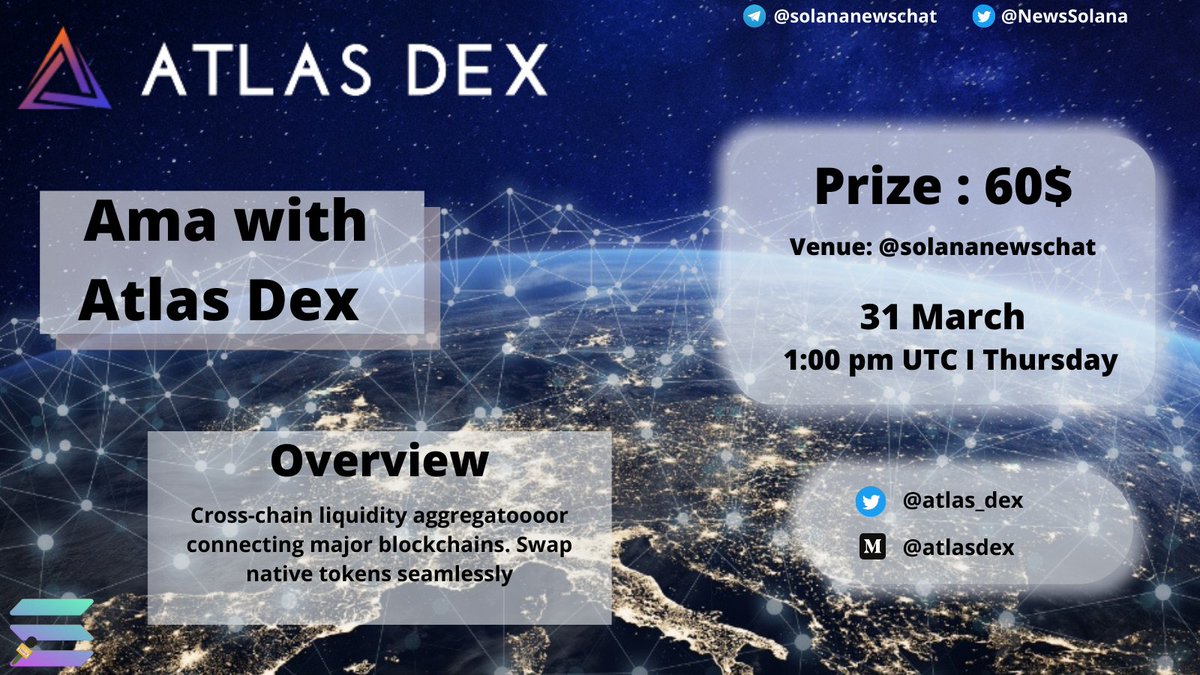 #Atlasdex #AMA, hosted by #NewsSolana

Venue : t.me/solananewschat
Time : 31 March , 1:00 pm UTC
Reward: 60$ Usdt

Rules: Follow1⃣ <a href="/NewsSolana/">Solana_Breaking_News</a> and <a href="/atlas_dex/">Atlas DEX</a>
2️⃣Join discord.com/invite/atlasdex
3️⃣Like, RT, Tag 3 Friends
4️⃣Max 5 Questions in Comments