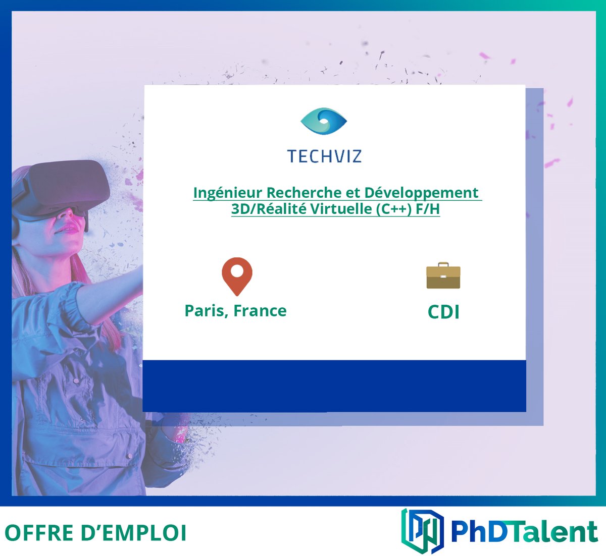PhDTalent's tweet image. #PhD, #TechViz recrute un.e #ingénieur.e #recherche et #développement #3d / #Réalité #Virtuelle (C++) !

🚩 Paris, France
📜 CDI

Vous pouvez consulter l&apos;offre en détail sur la plateforme @PhDTalent :

👉 bit.ly/3uI3hZ1 👈

#offre #Emploi #doctorant #jobs #recrutement