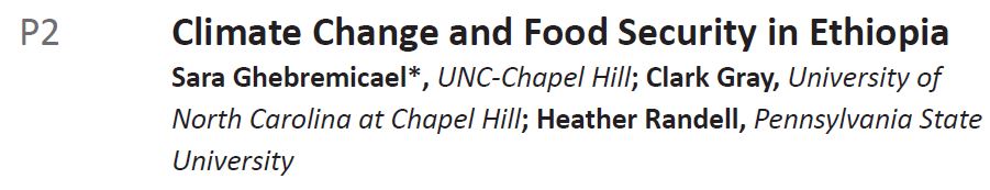 clarklgray's tweet photo. #PAA2022 program is up! We will be presenting research on how climate change affects food security in Ethiopia and Tanzania, child health in South Asia, and long-term social outcomes in the historical US. Looking forward to seeing everyone next week! https://t.co/9fDNtapTcu
