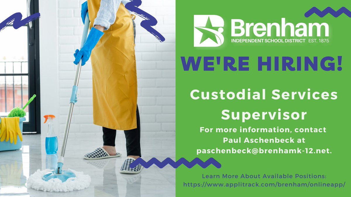 BrenhamISDHR's tweet image. Employment Opportunity: Custodial Services Supervisor
Visit applitrack.com/brenham/online… to find out more information and to submit an online application. @BrenhamISD #IChooseBrenham #CubProud