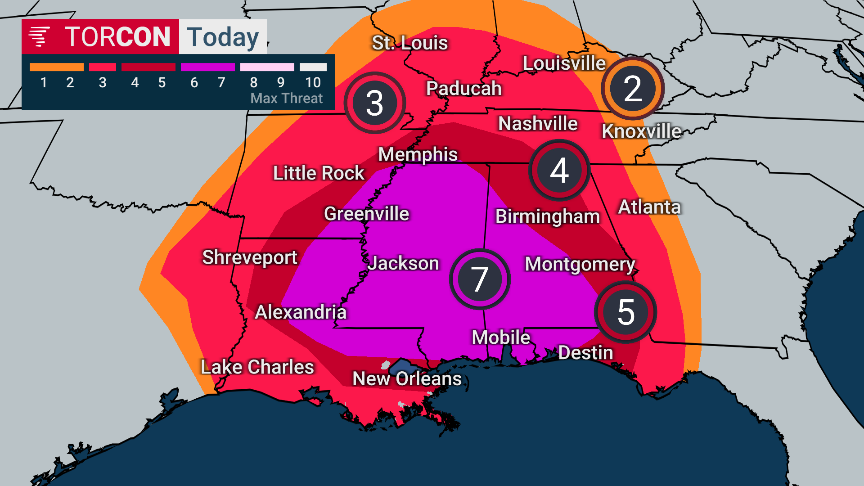 Today's TORCON: 7 across parts of the South. A large area expected to ...