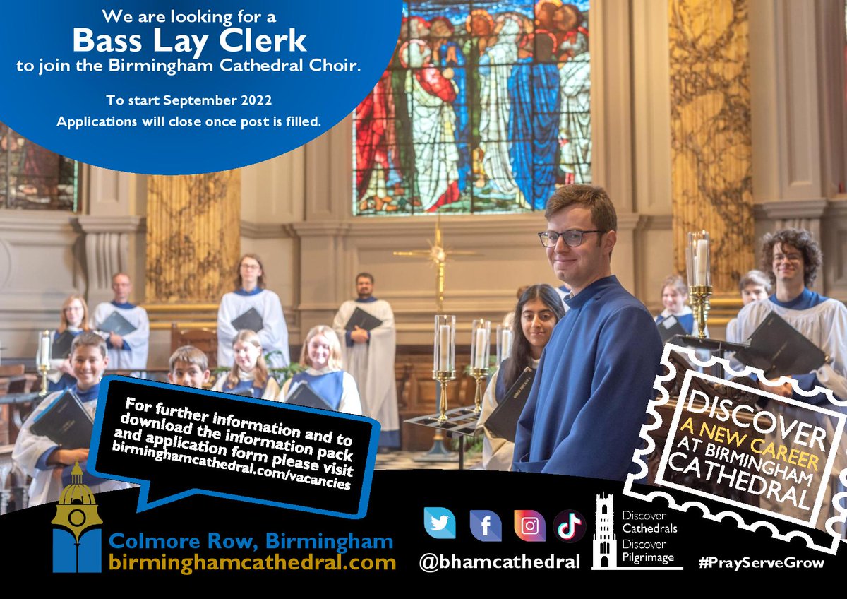 bhamcathedral's tweet photo. We are looking for a new Bass Lay Clerk to join our fantastic Birmingham Cathedral Choir from September 2022! To apply and for more information, head to our vacancies page: https://t.co/KeUrKOtCgE
#CathedralJobs #BirminghamJobs #LayClerk #BassLayClerk #Vacancy https://t.co/Vary2ZKI56