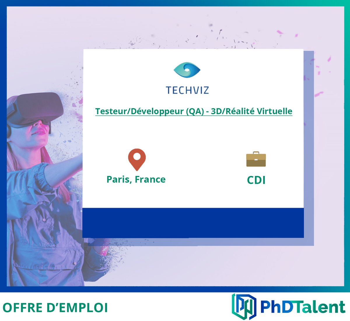 PhDTalent's tweet image. #PhD, #TechViz recrute un.e testeur.euse/ #Développeur.euse (QA) - #3d / #RéalitéVirtuelle !

🚩 Paris, France
📜 CDI

Vous pouvez consulter l&apos;offre en détail sur la plateforme @PhDTalent :
👉 bit.ly/3LoF9BF 👈

#offre #Emploi #doctorant #jobs #recrutement