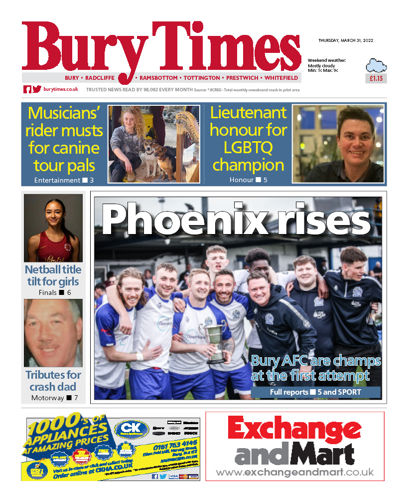 Front page of this week's edition of <a href="/BuryTimes/">Bury Times</a> on sale tomorrow!

#Bury #Radcliffe #Ramsbottom #Tottington #Prestwich #Whitefield #BuryAFC #buyapaper #localnews #Newsquest