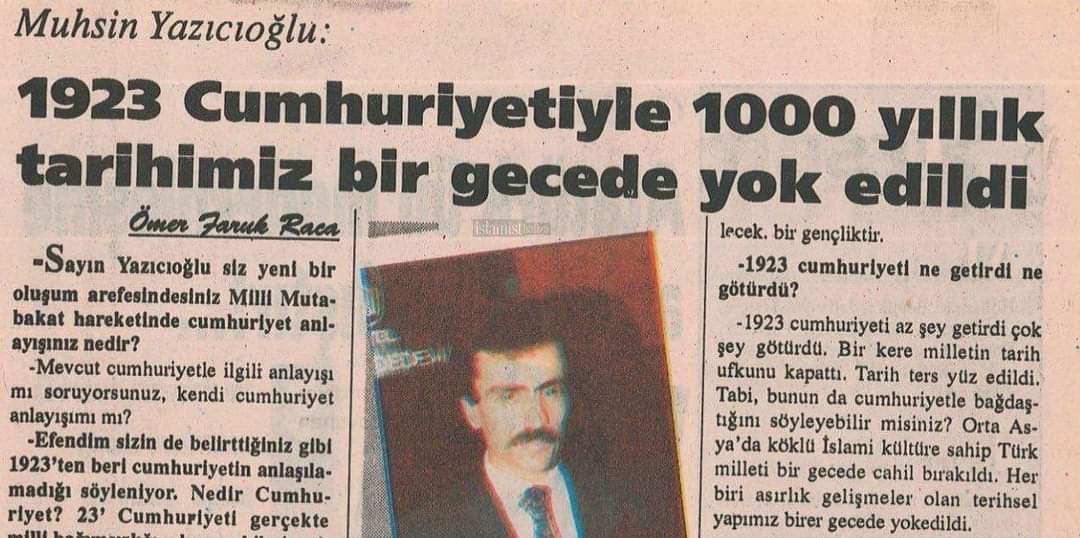 12 Eylül sürecinde 80lerin sonunda hapisten çıkan ülkücüleri Menzil şeyhine götürüp teslim eden Muhsin Yazıcıoğlu'nun incilerini okumadıysanız okuyup, Atatürk ve Cumhuriyete bakış açısını öğrenin. Osmanlı'da 70 sene süren alfabe tartışmalarını bilmeyen cahiller lider oldu ülkede!