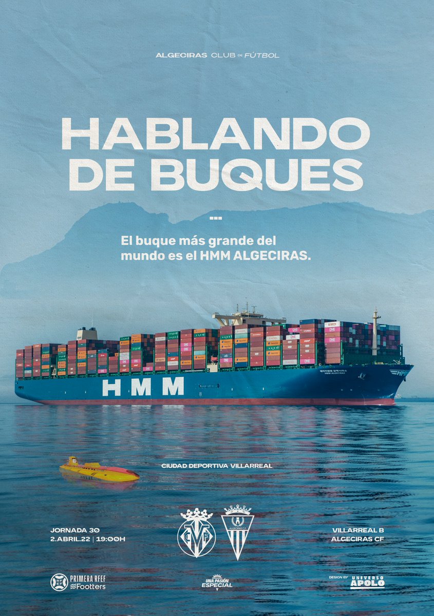 CARTEL ON-LINE 🖼 "HABLANDO DE BUQUES"

📅 2 Abril
🆚 <a href="/CanteraGrogueta/">Cantera Grogueta</a> 
🏟️ C. Dptva. Villarreal
🕓 19:00h
🏆 J30 <a href="/Primera_RFEF/">Primera Federación Versus e-Learning</a>
📺 @footters <a href="/FuchsSportsES/">FuchsSportsES</a> 
📻 <a href="/minutoes/">Algeciras al minuto</a>
🖌️ @universoapolo

#AVencerPorTuAficion