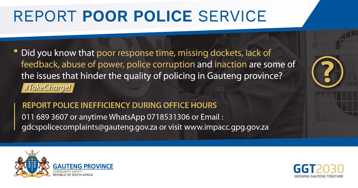 GP_CommSafety's tweet photo. Did you know that poor response time, missing dockets, lack of feedback, abuse of power, police corruption and inaction are some of the issues that hinder the quality of policing in Gauteng province? #ReportPoorPoliceService https://t.co/c01fu9tsMG