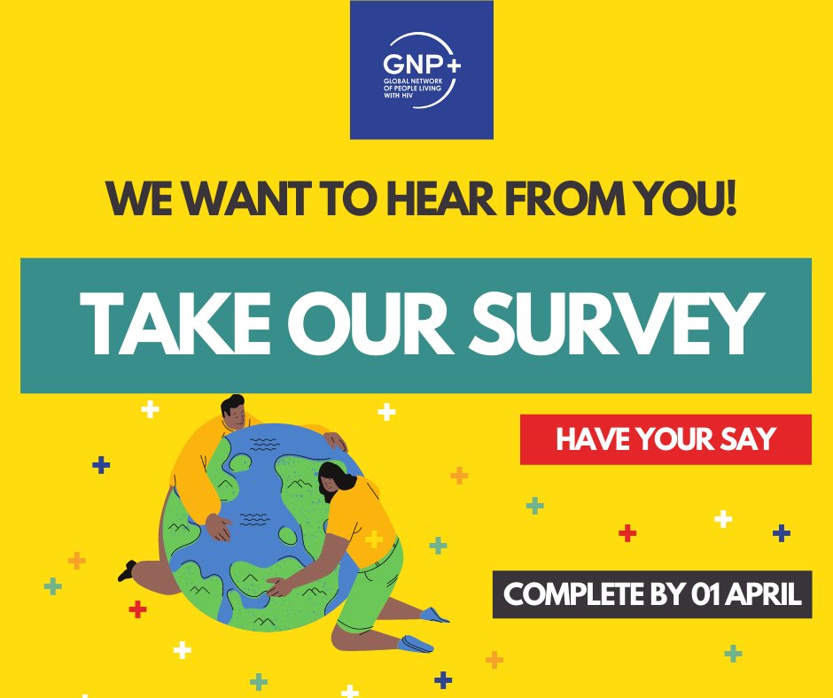 gnpplus's tweet photo. 📢ENDING SOON! Complete our GNP+ survey before 1 April! If you are a person living with and affected by #HIV, then share your thoughts with us, as we develop our new Global Strategic Plan! #gnpplus #PLHIV
Take the Survey here⤵️
https://t.co/Ytbchf3j21 https://t.co/Wsbe4NVbYr