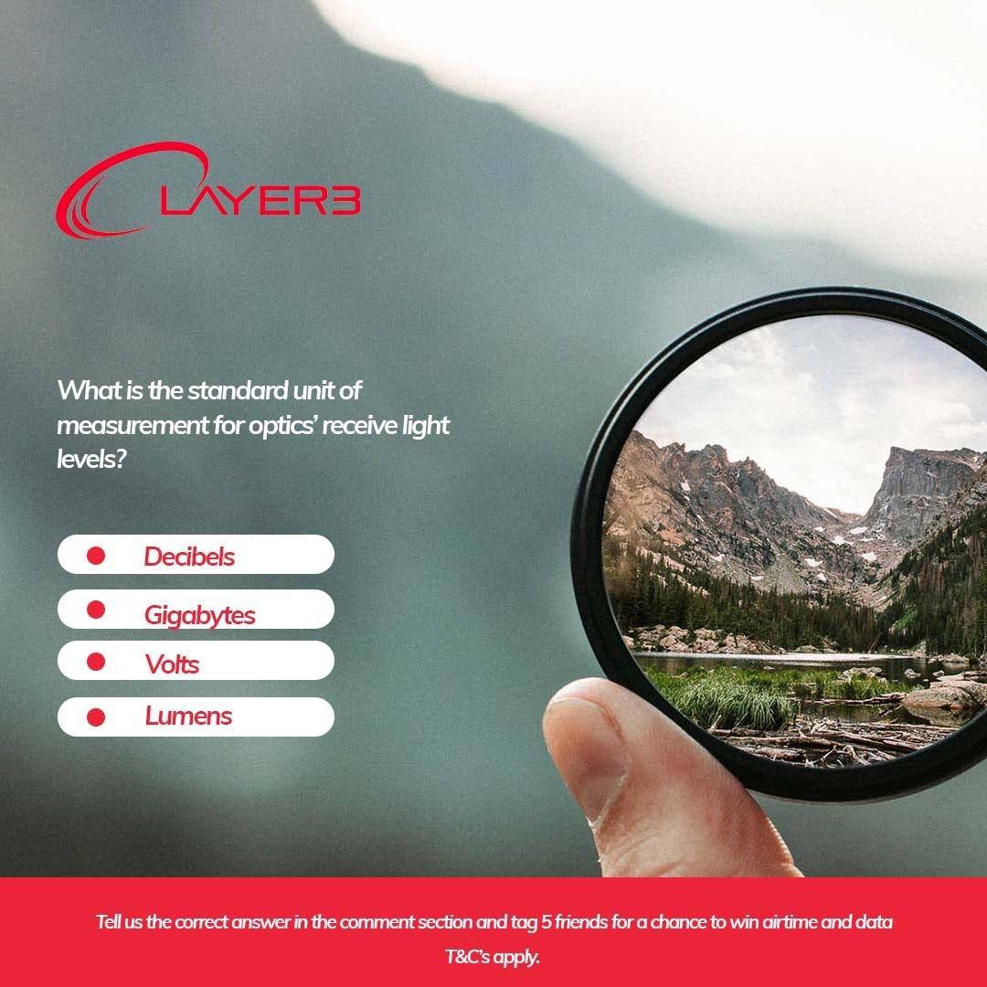 Layer3NIGERIA's tweet photo. What is the standard unit of measurement for optics’ receive light levels?
Tell us the correct answer in the comment section and tag 5 friends to win airtime.
#Layer3
#Layerons
#FiberToTheHome
#ISOcertified
#PCIDSScertified https://t.co/eibEMGq0c2