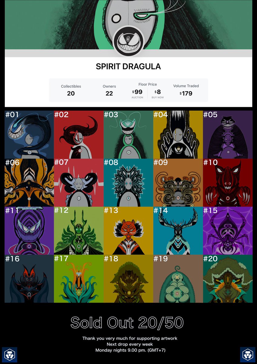 Eye Dragula (@dragulaeye) on Twitter photo SPIRIT DRAGULA COLLECTION
✨SOLD OUT ✨Update #20/50 item
Floor Price : 8$
Available on <a href="/crypto/">Bloomberg Crypto</a>.com👇
crypto.com/nft/collection…
Next drop every week in Monday 9.00 pm. (GMT+7)⏰
#CRO #crofam #cryptonft #NFTdrop #nftcrypto #NFTcryptoart #NFTTHAILAND #NFTCommmunity SPIRIT DRAGULA COLLECTION
✨SOLD OUT ✨Update #20/50 item
Floor Price : 8$
Available on <a href="/crypto/">Bloomberg Crypto</a>.com👇
crypto.com/nft/collection…
Next drop every week in Monday 9.00 pm. (GMT+7)⏰
#CRO #crofam #cryptonft #NFTdrop #nftcrypto #NFTcryptoart #NFTTHAILAND #NFTCommmunity